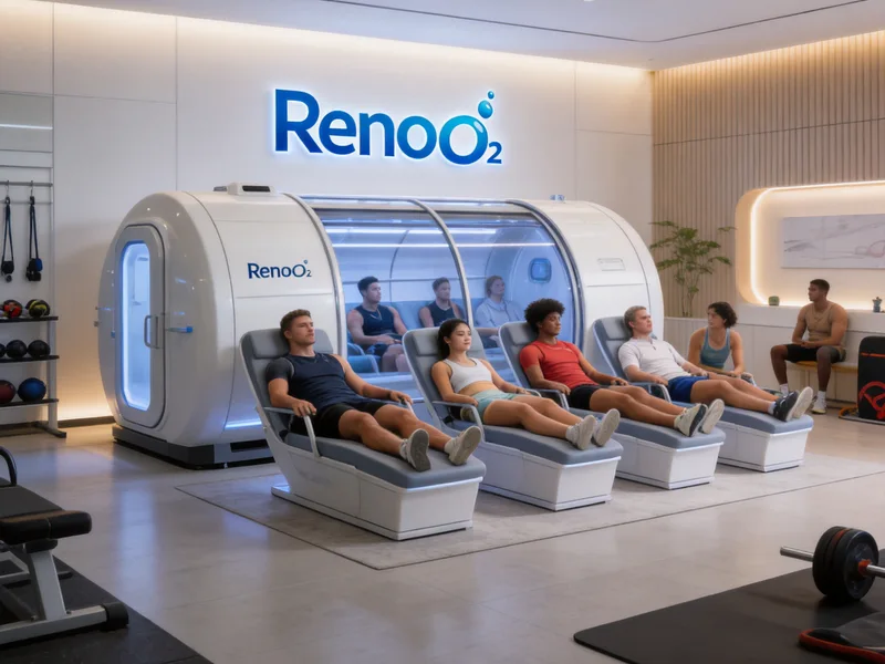 A Renoo2 branded recovery suite with a hyperbaric chamber with luxury seating and recliners