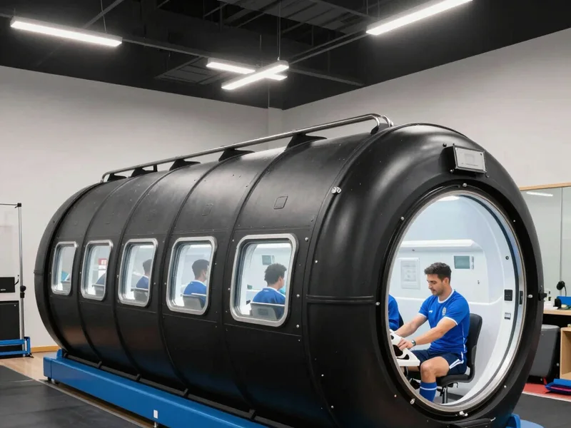 The Renoo2 hard-shell chamber in a bright room, blue seats visible through the windows, with an operator at the door