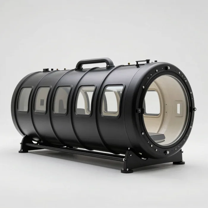 The Renoo2 black hard-shell multi-window hyperbaric chamber, studio view