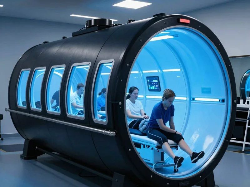 Two people seated in the black hard-shell hyperbaric chamber