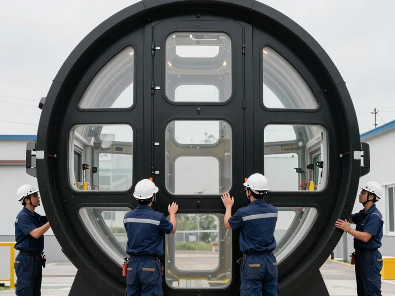 Engineers checking the large circular door of the Renoo2 hard-shell hyperbaric chamber