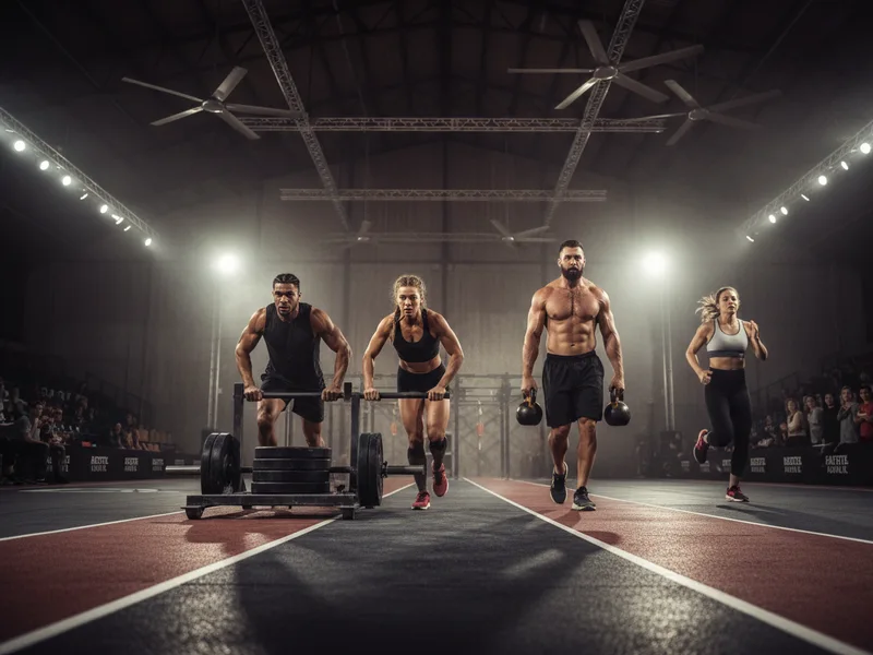 Athletes pushing sleds and carrying sandbags in a functional training gym