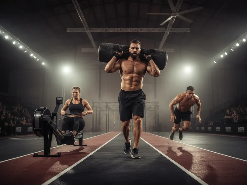Fitness race athletes running with sandbags in an arena
