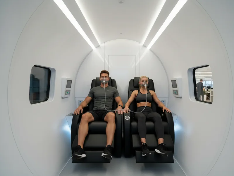 Two people relaxing in a white hyperbaric chamber with personal screens