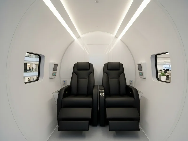 Black leather seats and personal screens inside the hyperbaric chamber