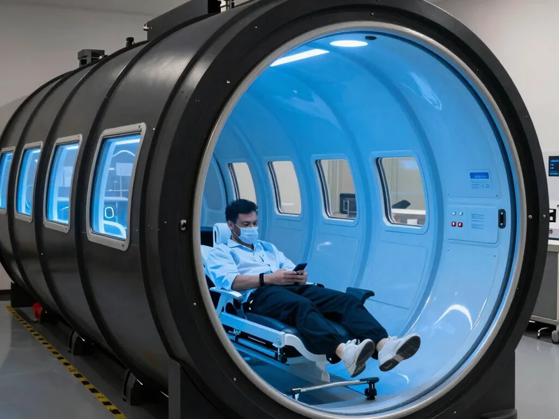 Inside a Renoo2 chamber: a customer relaxing in a luxury blue seat with an oxygen mask, reading during a session