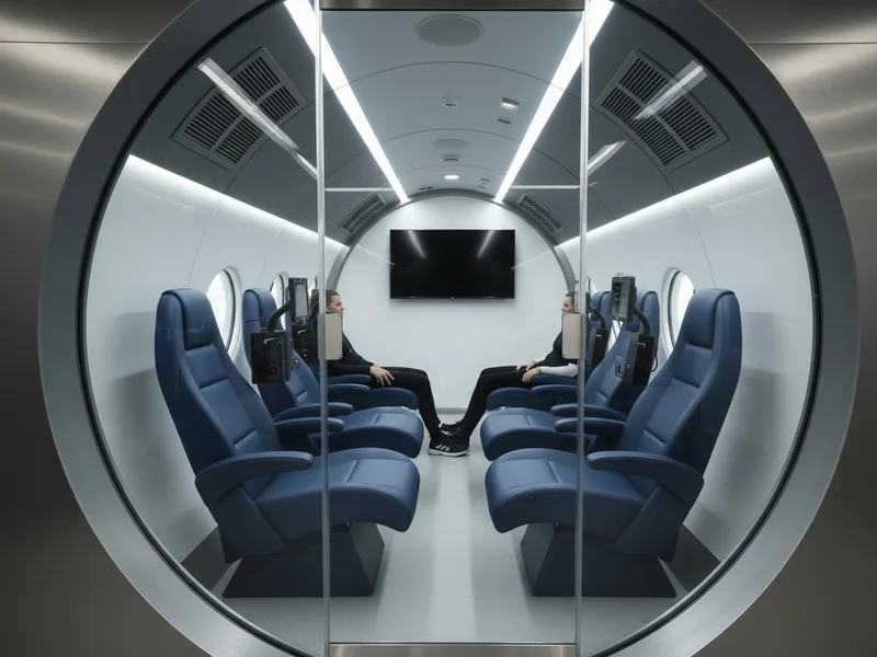 Inside the Renoo2 hard-shell hyperbaric chamber with luxury seating: luxury blue seating facing across the cabin, a screen on the wall and the control panel by the door