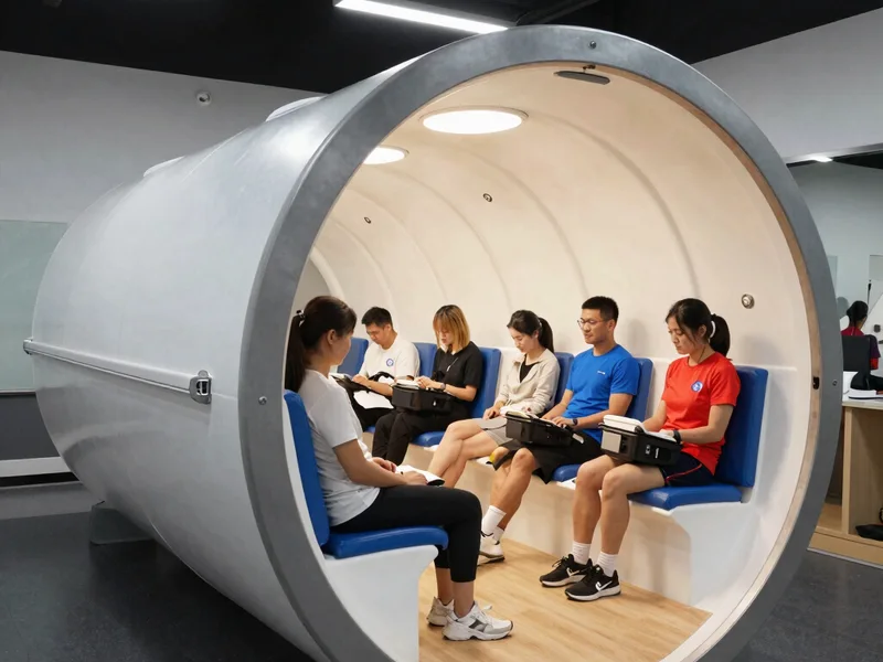 Several people seated inside a white hyperbaric chamber with luxury seating