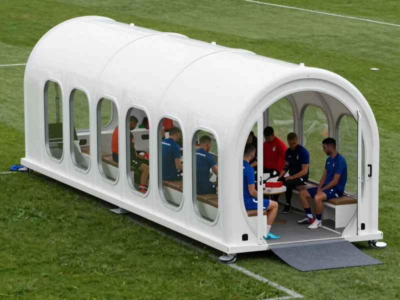 The Renoo2 hyperbaric chamber set up pitchside at a football training ground