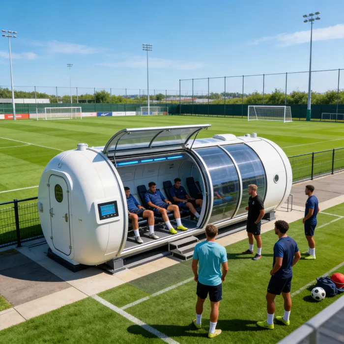 The Renoo2 chamber set up beside a sports pitch with people inside