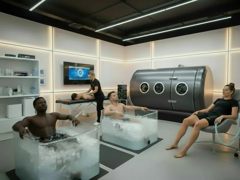 A club recovery room with an ice bath, compression boots and the Renoo2 hyperbaric chamber