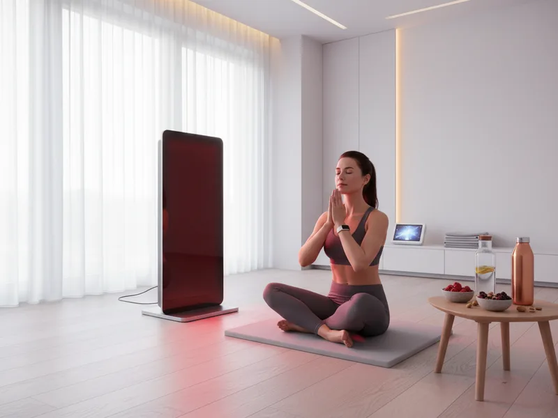 A woman meditating beside a red light panel in a bright wellness room