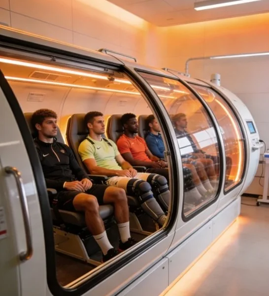 A football squad in kit seated together inside the Renoo2 hyperbaric chamber with luxury seating