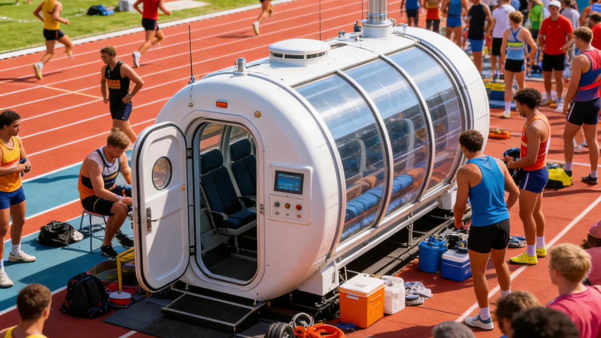 Renoo2 hyperbaric chamber trackside at an athletics event with athletes around it
