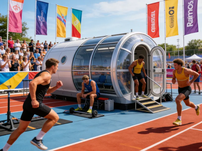 Runner sprinting on an athletics track beside a Renoo2 chamber at an event